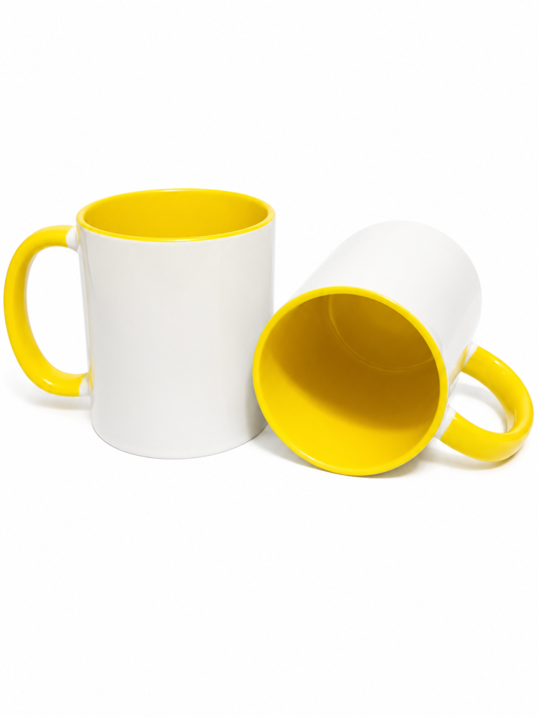 XICARA BRANCA COM ALÇA E INTERIOR AMARELO